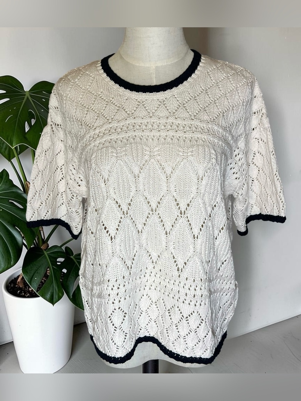 Splendid Pointelle Cotton Knit Sweater Top Navy Ivory XS Fisherman Coastal